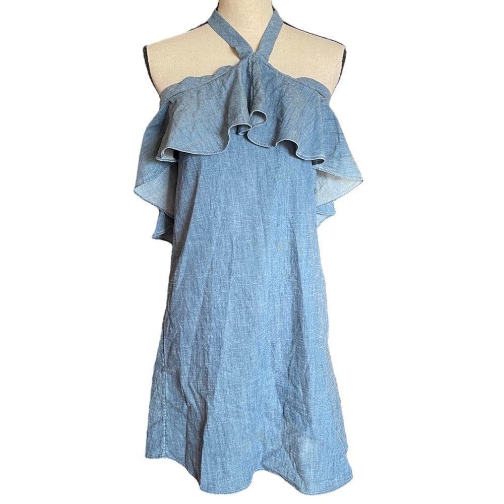 Alice + Oliva Alexia Off the Shoulder Ruffle Halter Mini Chambray Dress Small - Picture 2 of 15
